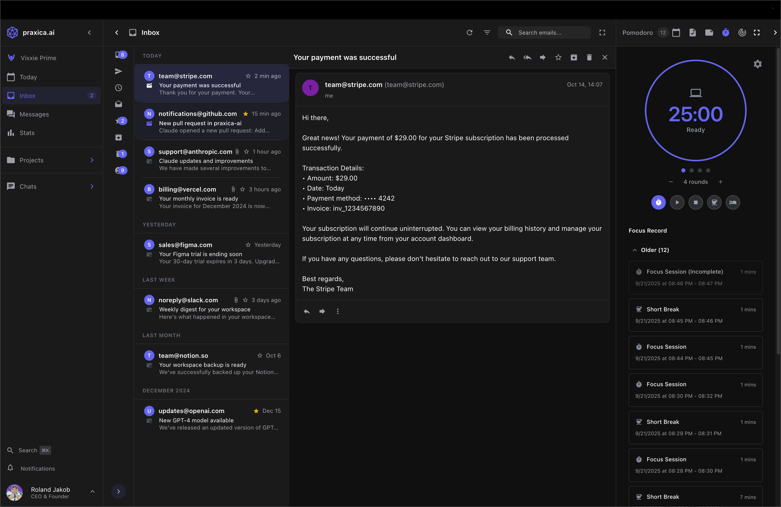Praxica App - Chat, Tasks, and Habits Interface